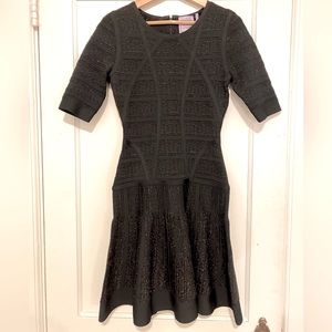 Herve Leger Black Midi Dress with Textured Design and Flattering Fit